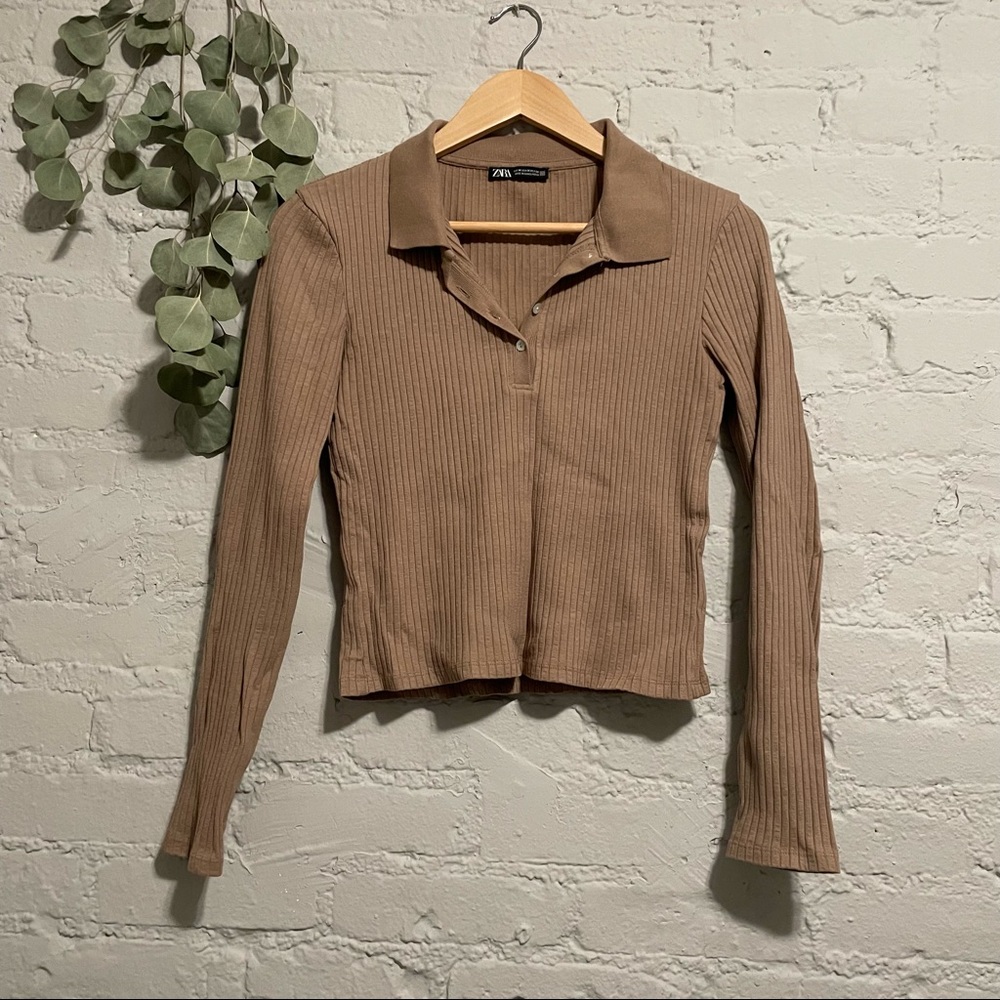 Zara Tan Ribbed Polo Long Sleeve Top